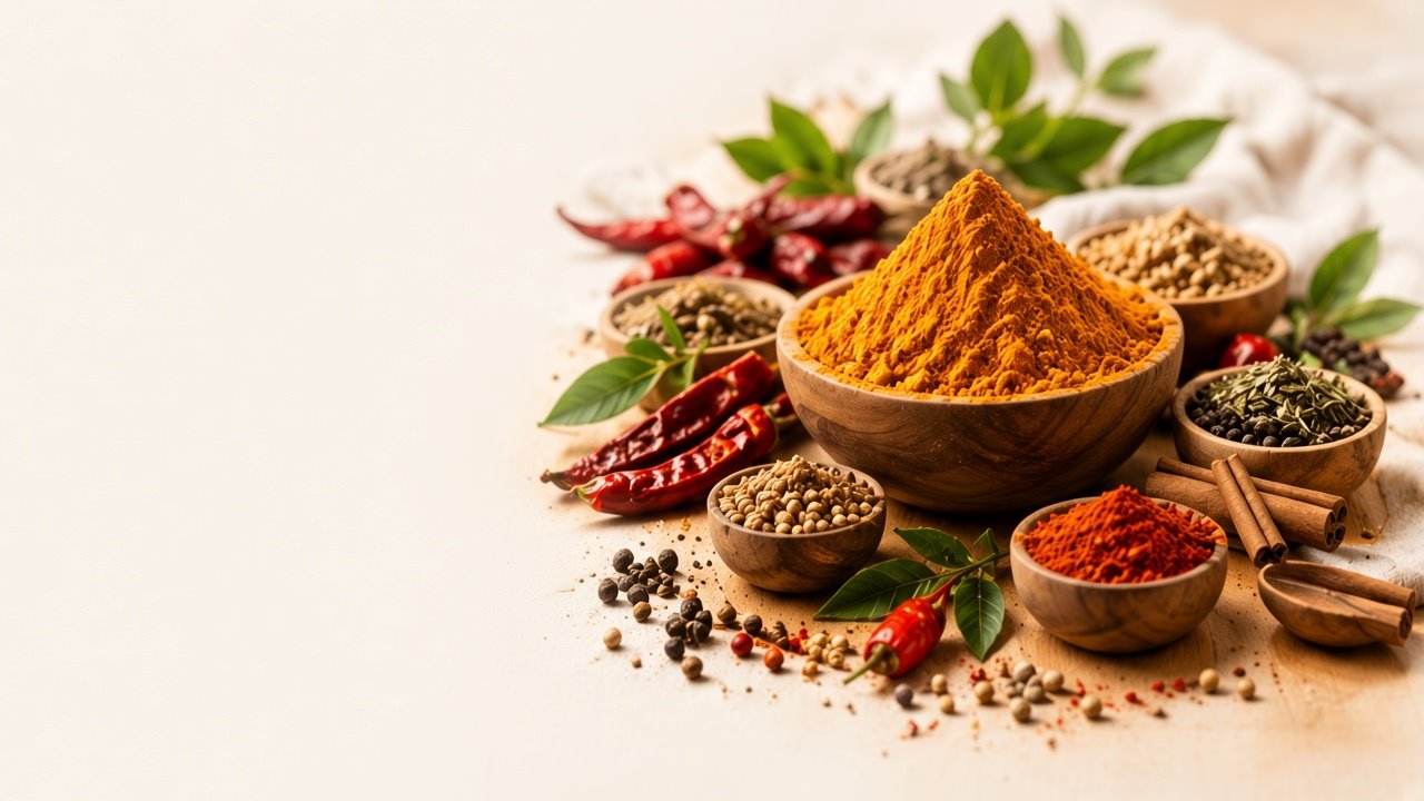 Turmeric, chillies, coriander seeds, cinnamon and peppercorns in wooden bowls