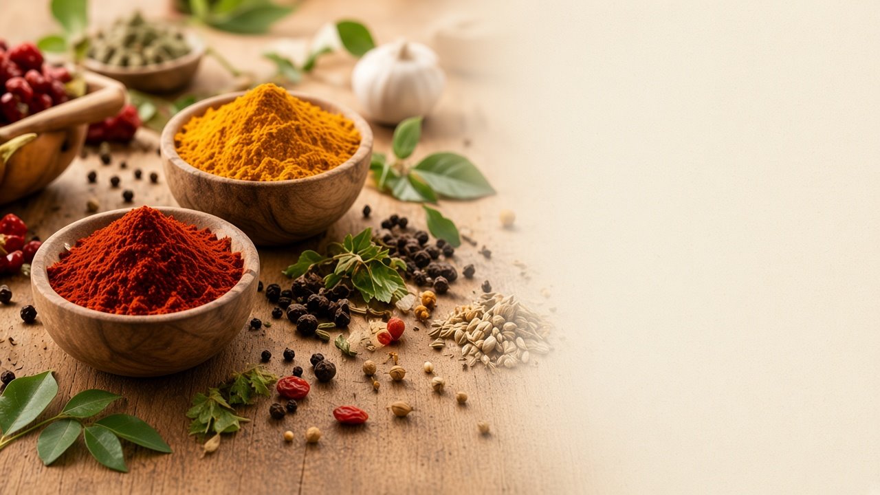 Bowls of turmeric and red chilli powder with garlic and curry leaves