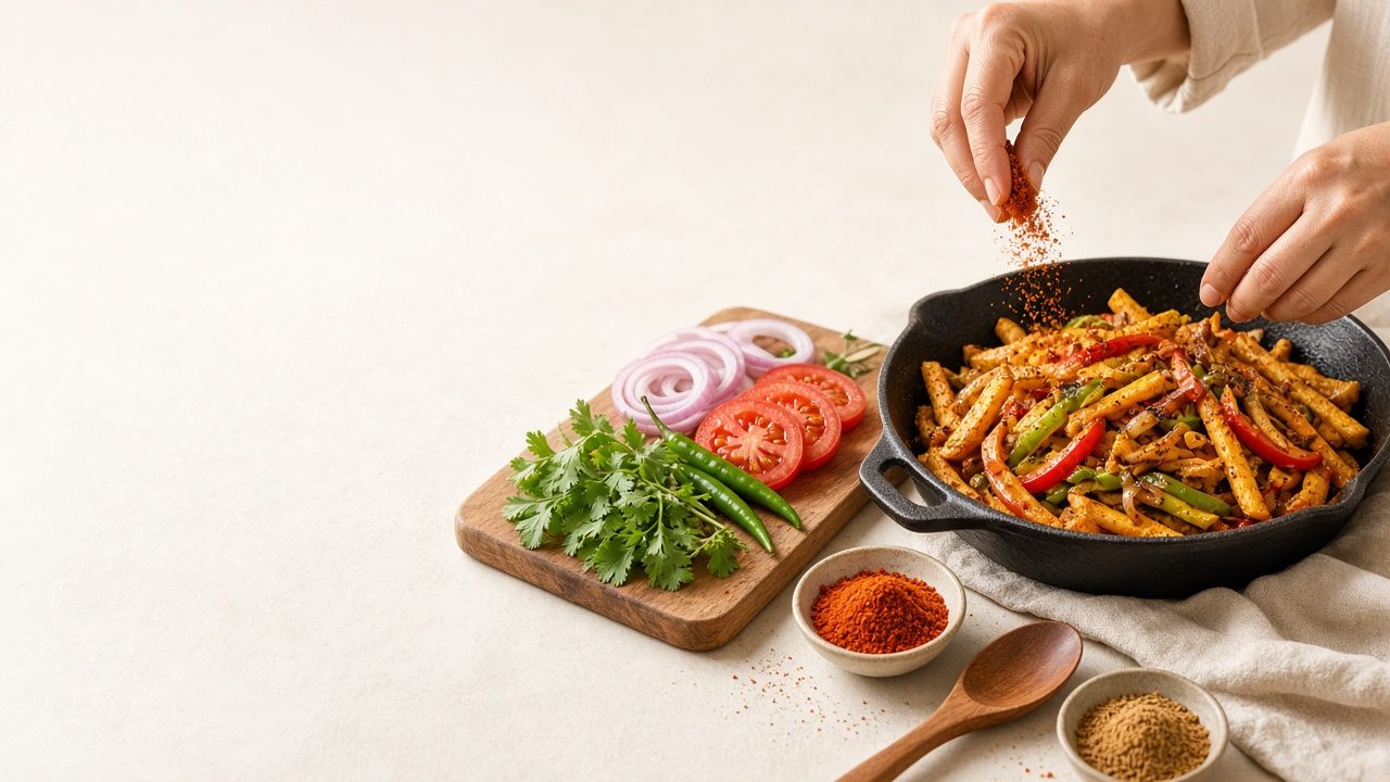 Hands sprinkling masala over a pan of fries and vegetables