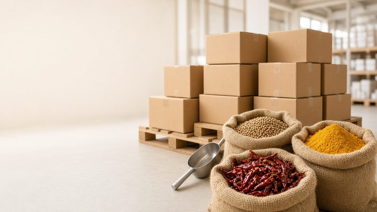 Cartons on pallets beside jute sacks of chillies, turmeric and coriander
