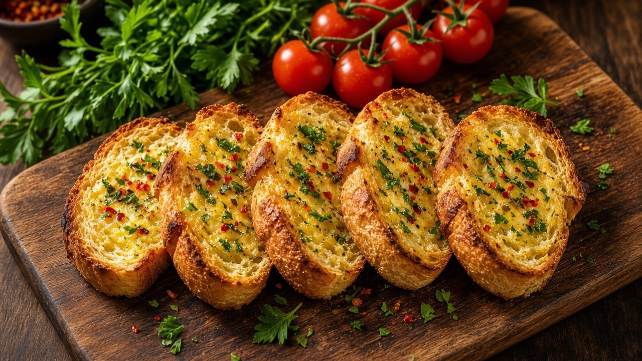 Golden garlic bread slices