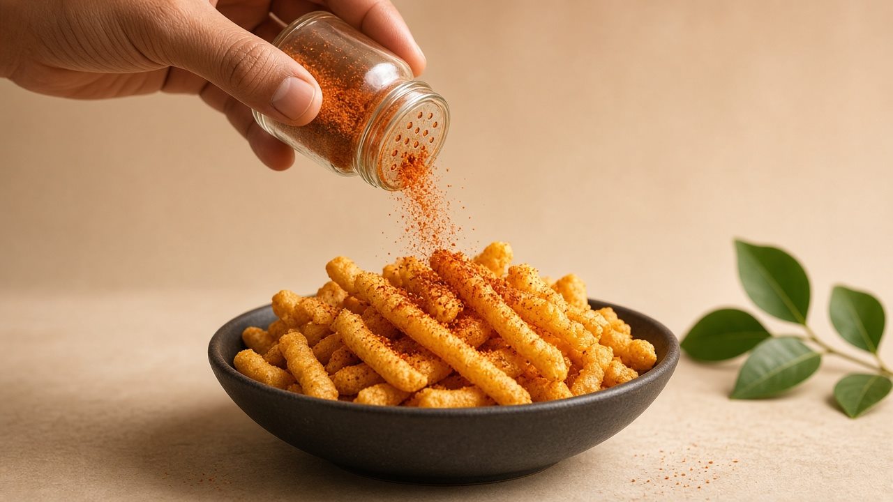 Masala-coated kurkure in a bowl
